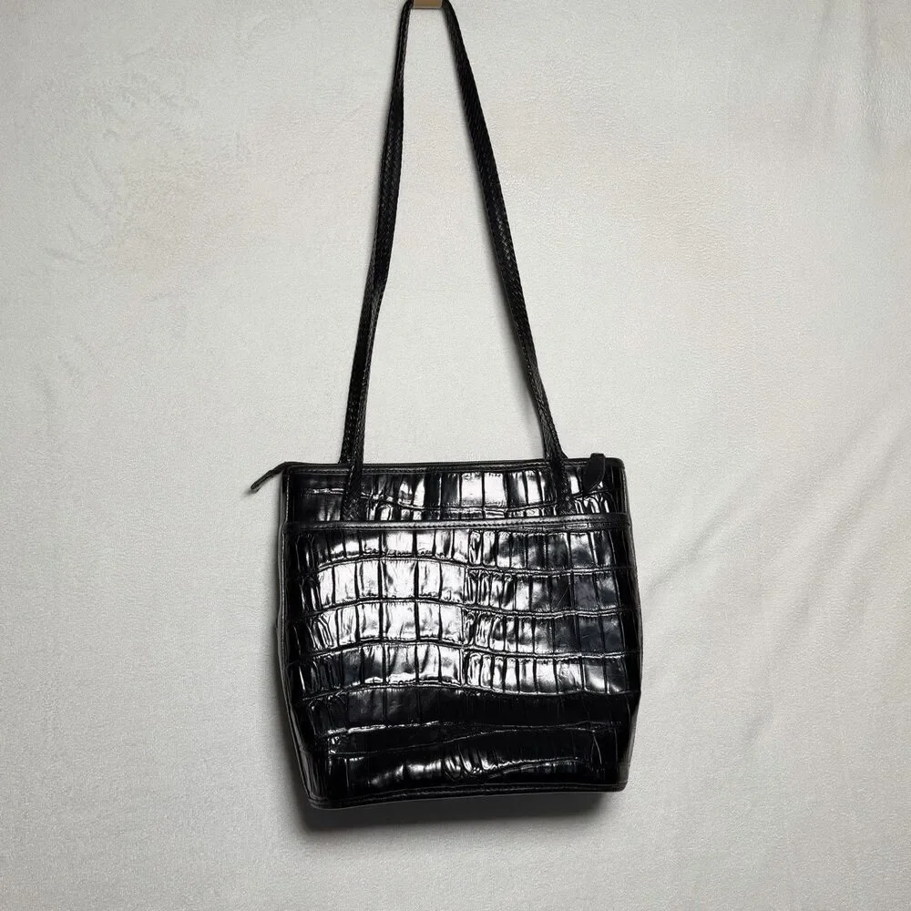 Brighton Black Faux Croc Embossed Shoulder Bag Vintage Plaid Lining Heart Charms